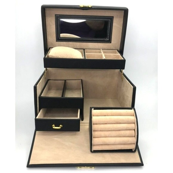 Songmics Leather Travel 3 Tier Fold Out Locking Jewelry Box Mirror & Handle Blk - Picture 1 of 16